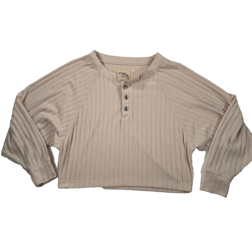 Chasor Ribbed Long Sleeve Henley Cropped Top Women's X-Small Beige